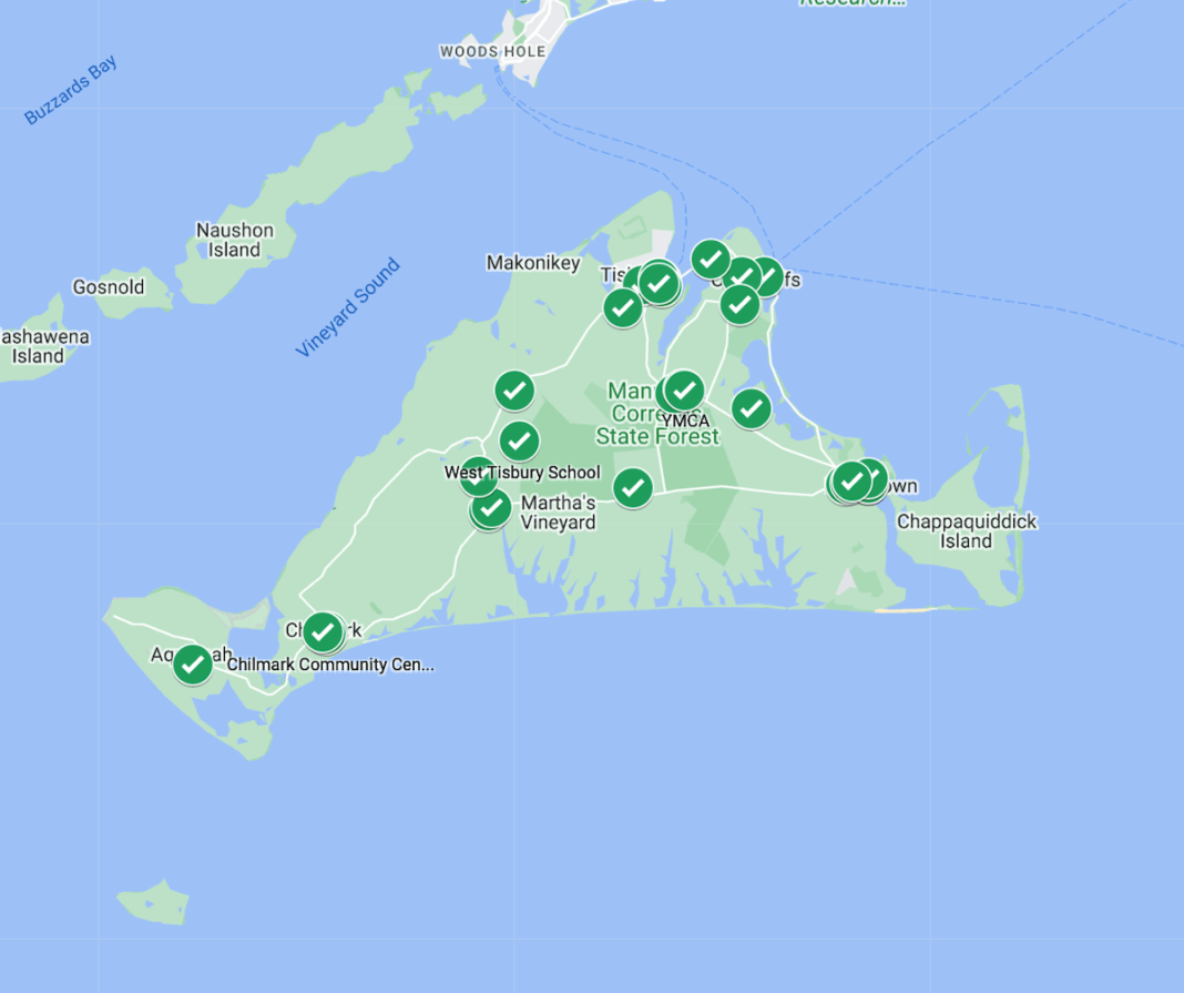 Map of Martha's Vineyard showing working, in-process, and wish-list locations of the refill stations.