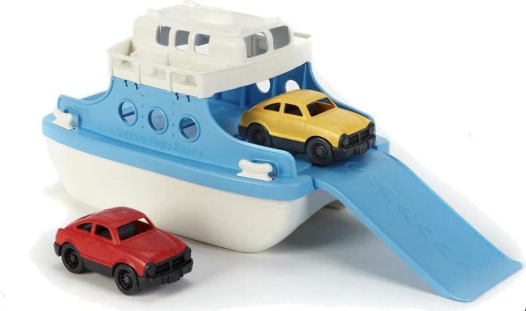 plastic ferry boat toy with two cars