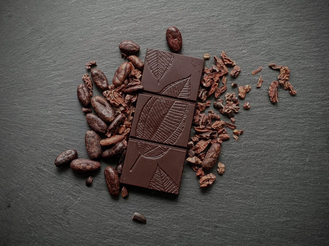chocolate bar with cocoa beans on slate